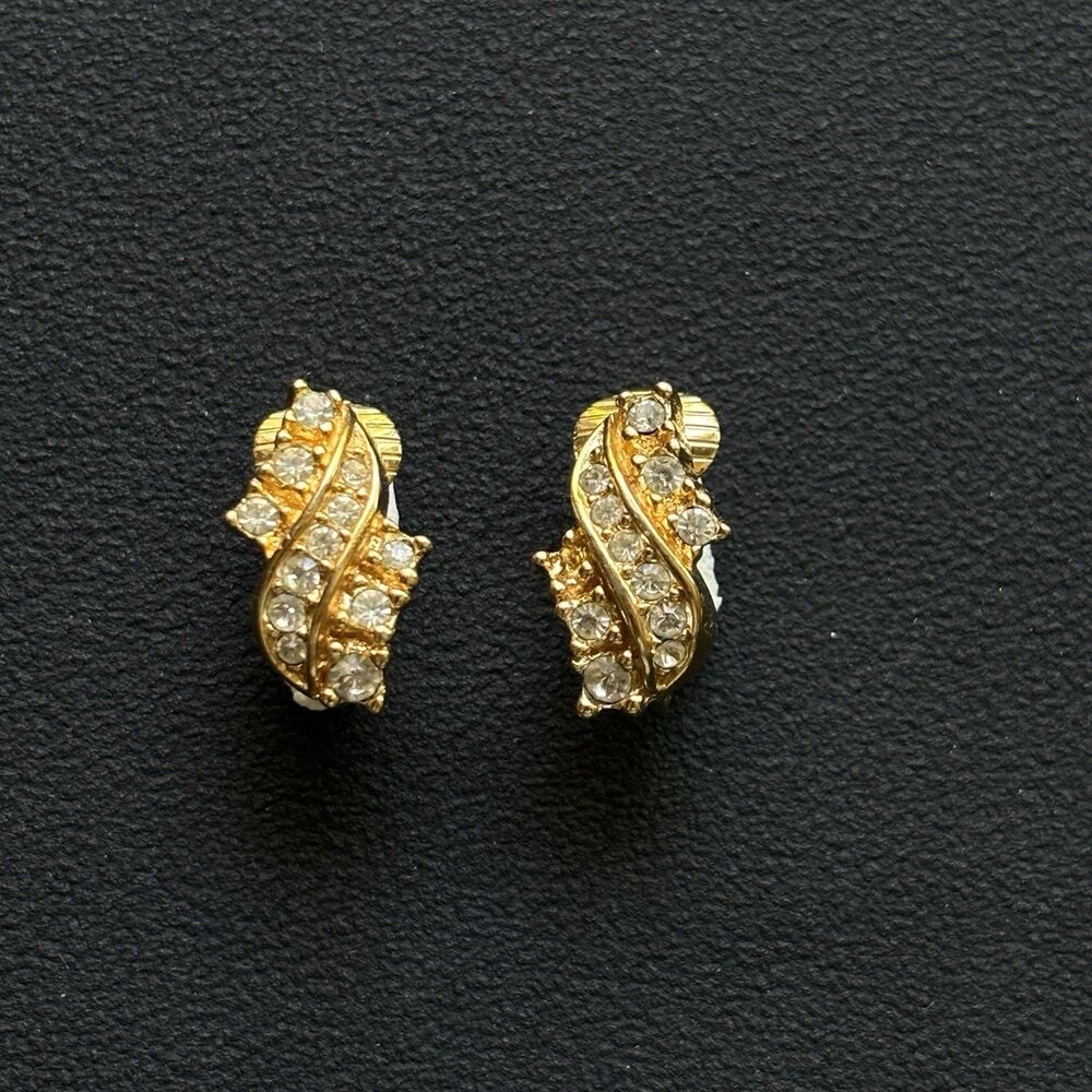 Vintage Christian Dior Paved Rhinestone Clip On Earrings Gold Tone Mini
